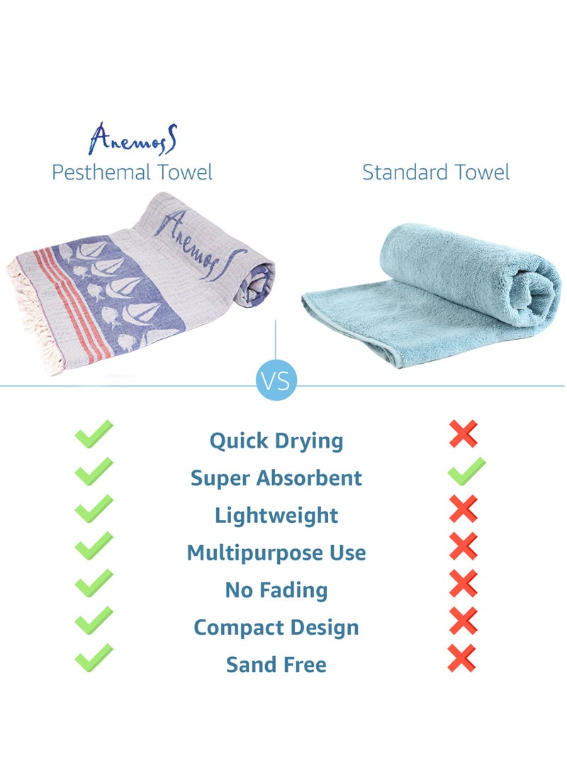 Anemoss Turkish Peshtemal Bath Towel, Large Size 100x180cm, Sailor Girl Pattern Design, 100% Cotton Soft & Quick Dry Material, Versatile Use for Beach, Pool and Bath, Peshtemal Bath Towel - Image 3