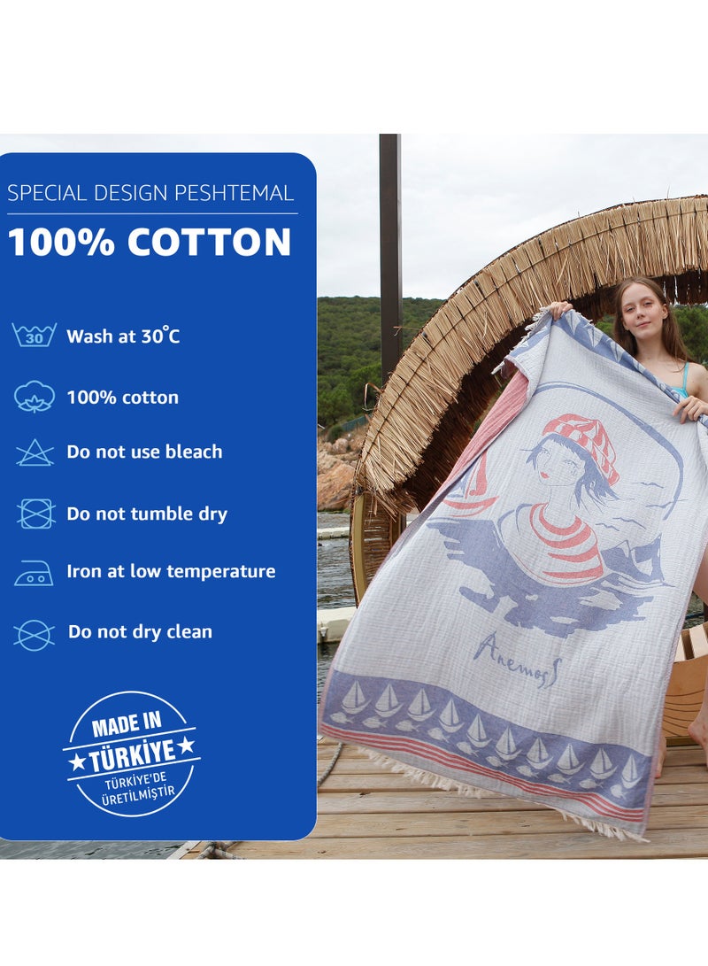 Anemoss Turkish Peshtemal Bath Towel, Large Size 100x180cm, Sailor Girl Pattern Design, 100% Cotton Soft & Quick Dry Material, Versatile Use for Beach, Pool and Bath, Peshtemal Bath Towel - Image 2