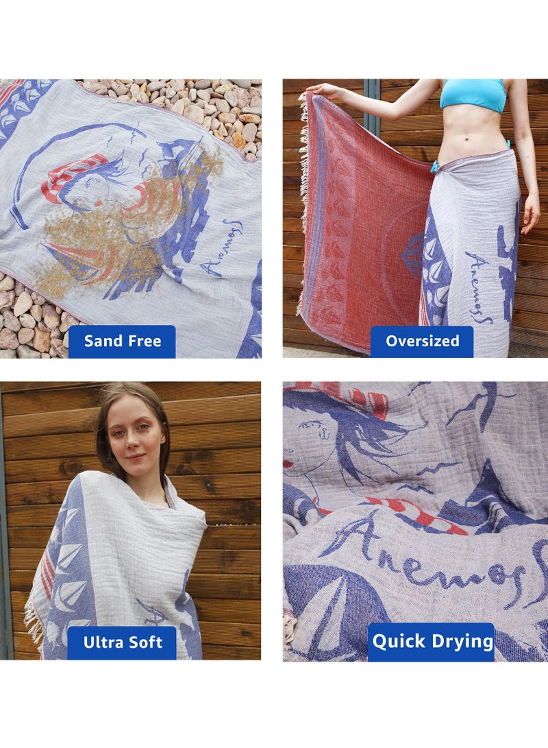 Anemoss Turkish Peshtemal Bath Towel, Large Size 100x180cm, Sailor Girl Pattern Design, 100% Cotton Soft & Quick Dry Material, Versatile Use for Beach, Pool and Bath, Peshtemal Bath Towel - Image 5