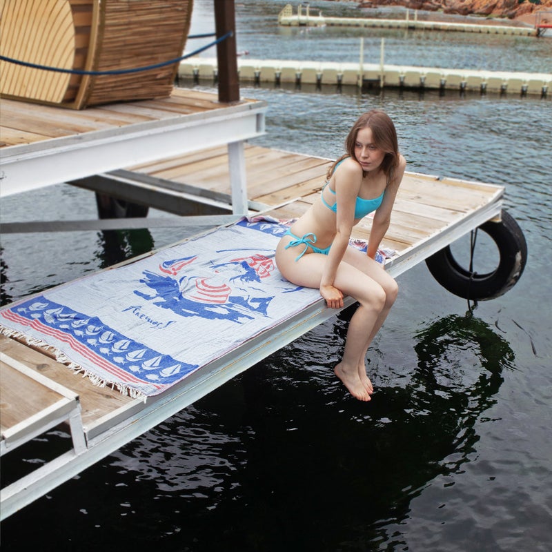 Anemoss Turkish Peshtemal Bath Towel, Large Size 100x180cm, Sailor Girl Pattern Design, 100% Cotton Soft & Quick Dry Material, Versatile Use for Beach, Pool and Bath, Peshtemal Bath Towel - Image 5