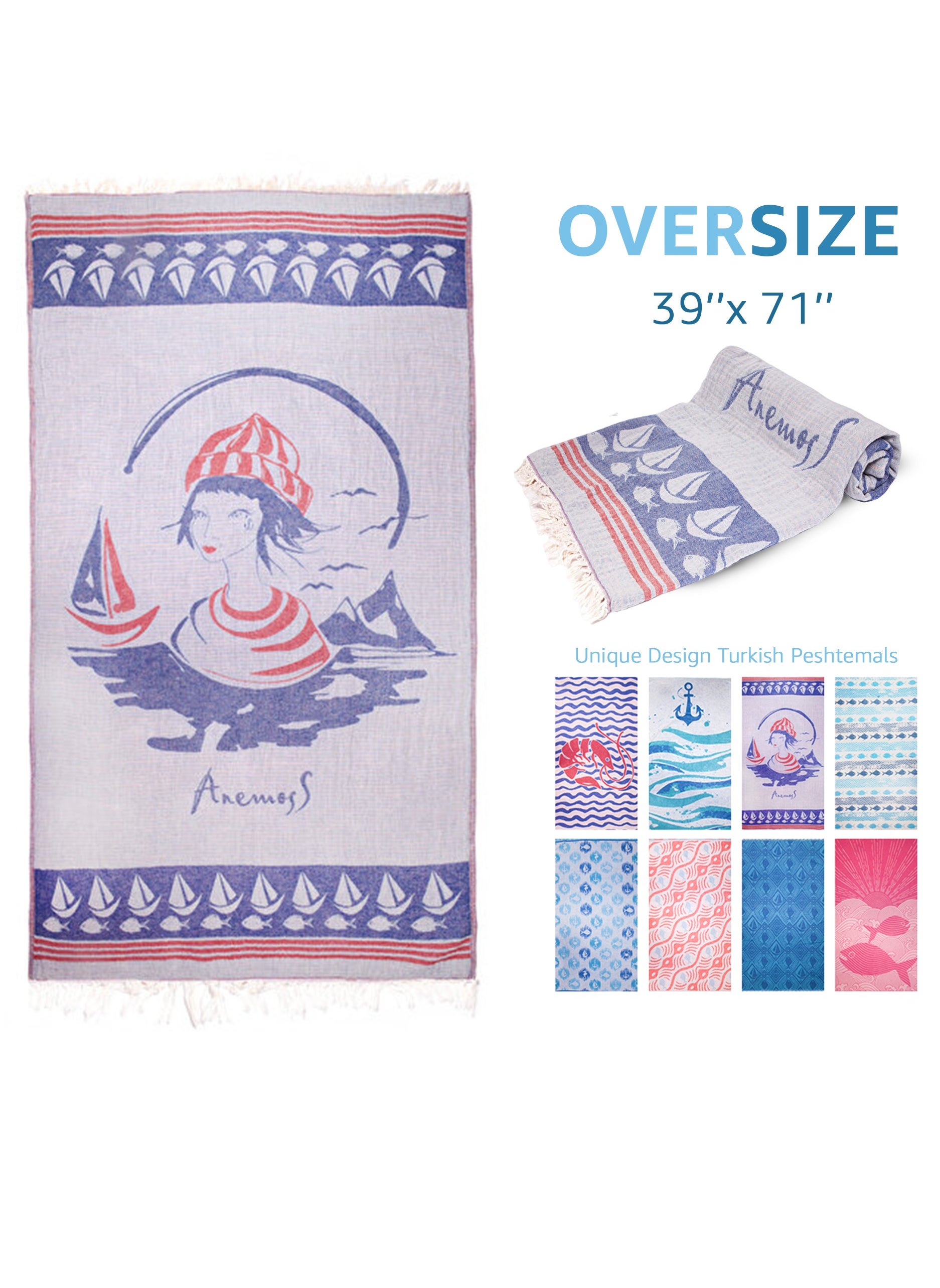 Anemoss Sailor Girl Patterned Turkish Peshtemal 100% Cotton 