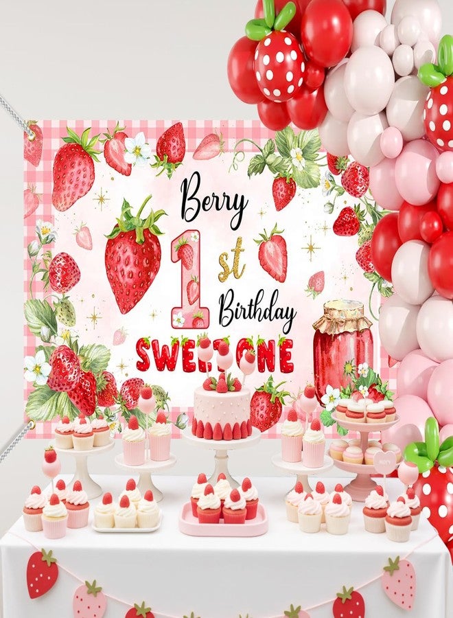 Mocsicka Berry First Birthday Banner Backdrop Decorations Red Berry Baby Girl 1st Birthday Decorations for Girls Strawberry Shortcake Background Photo Booth Props 71x43.5Inch - Image 2