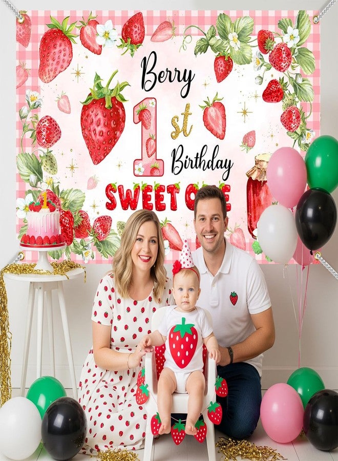 Mocsicka Berry First Birthday Banner Backdrop Decorations Red Berry Baby Girl 1st Birthday Decorations for Girls Strawberry Shortcake Background Photo Booth Props 71x43.5Inch - Image 3