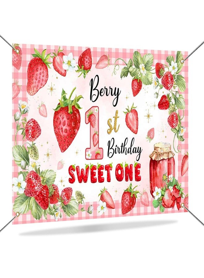 Mocsicka Berry First Birthday Banner Backdrop Decorations Red Berry Baby Girl 1st Birthday Decorations for Girls Strawberry Shortcake Background Photo Booth Props 71x43.5Inch - Image 1