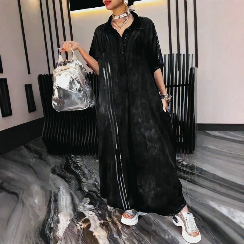 Women's Casual Denim-Like Print Long Dress with Collar - Image 4