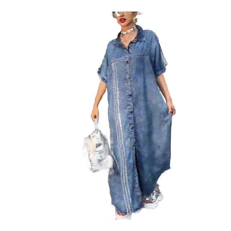 Women's Casual Denim-Like Print Long Dress with Collar - Image 1