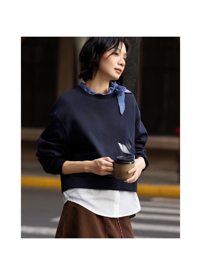 Dme Fresh Cloud Oxygen Cotton Autumn Design Hollow Out Fake Two-piece Loose Stretchy Slimming Sweatshirt For Women - Image 2