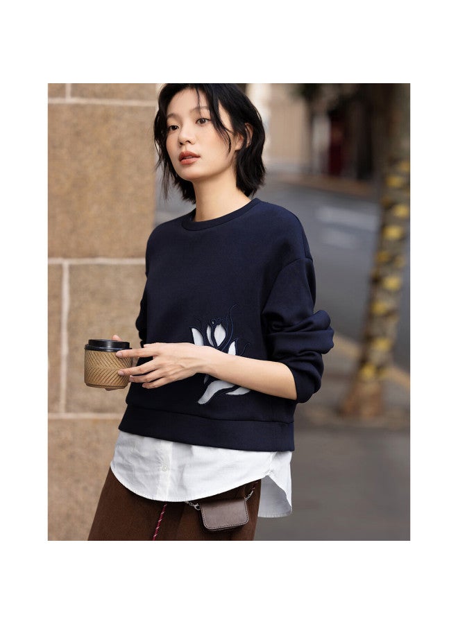 Dme Fresh Cloud Oxygen Cotton Autumn Design Hollow Out Fake Two-piece Loose Stretchy Slimming Sweatshirt For Women - Image 1