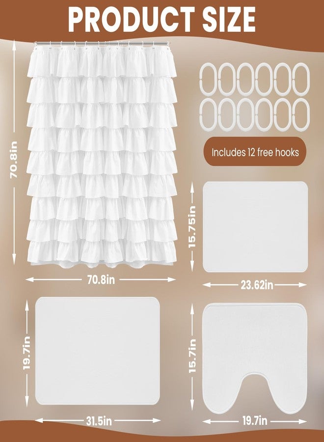Mindsoft 4 Pcs Ruffle Shower Curtain Set, 70. 8 x 70. 8 Inch Shower Curtain and 3 Piece Waterproof Washable Bathroom Rugs for Bathroom, Not See Through, White - Image 2