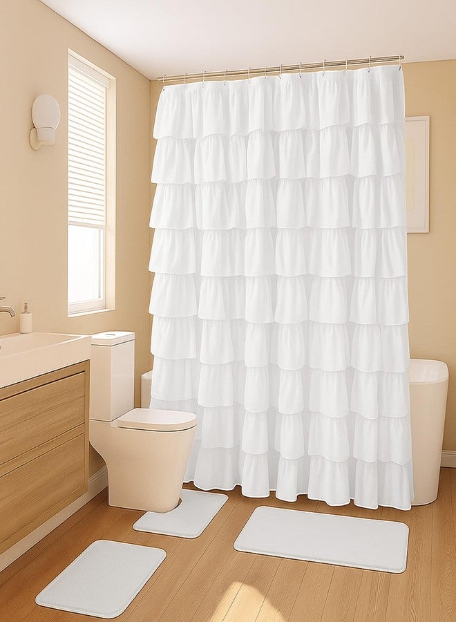 Mindsoft 4 Pcs Ruffle Shower Curtain Set, 70. 8 x 70. 8 Inch Shower Curtain and 3 Piece Waterproof Washable Bathroom Rugs for Bathroom, Not See Through, White - Image 1