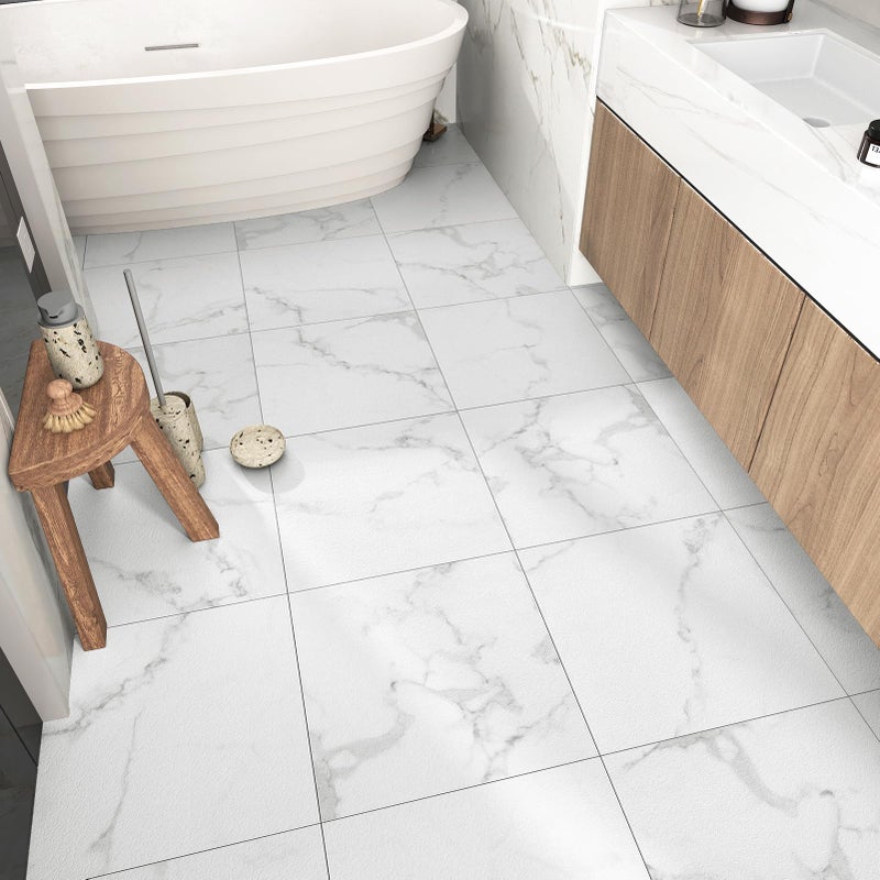 WESTICK Peel and Stick Floor Tile White Marble Peel and Stick Bathroom Floor Tiles Self Adhesive Vinyl Tiles for Kitchen Bedroom Basement Stairs Fireplace Garage Vinyl Flooring 5 PCS 12 x 12