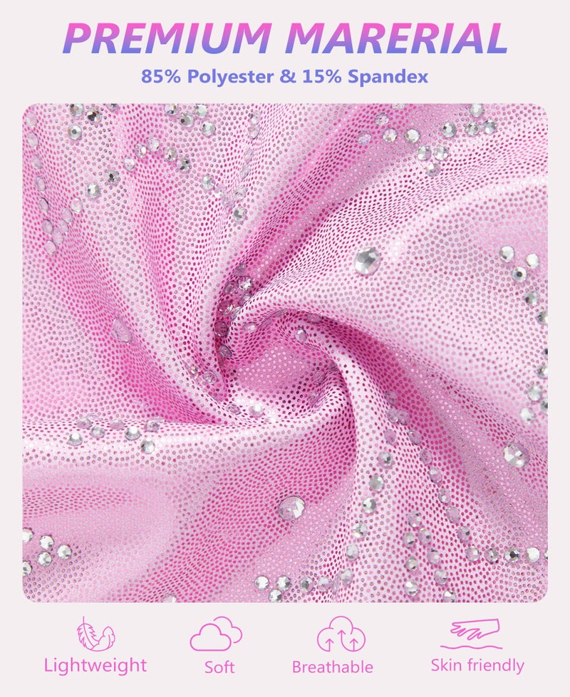 Gogokids Gymnastics Leotards for Girls Sparkly Rhinestone Mesh Dance Unitards Biketards with Shorts Activewear, Pink, 9-10 Years - Image 4