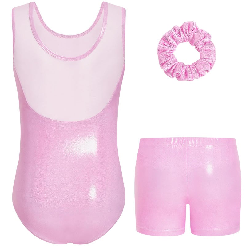 Gogokids Gymnastics Leotards for Girls Sparkly Rhinestone Mesh Dance Unitards Biketards with Shorts Activewear, Pink, 9-10 Years - Image 2