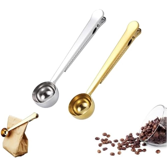 ريحني عبوتان من مغارف القهوة من الفولاذ المقاوم للصدأ مع مشبك كيس القهوة المناسبة للقهوة المطحونة، حبوب الإسبريسو، مسحوق الحليب، مسحوق البروتين - Image 2