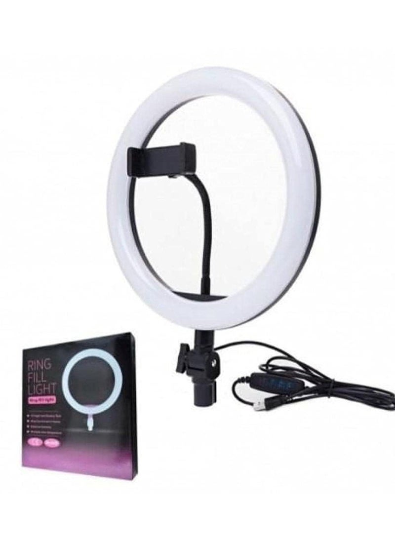 Generic 26 cm Ring Fill Light with Phone Holder – Freestanding LED Light for Makeup, Photography, and Video – Black and White 