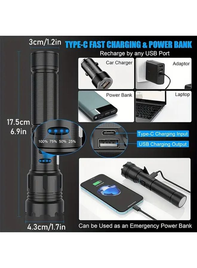 High Power Rechargeable Flashlight Black 1200mAh 6 Level Dimming Side Light - Image 4