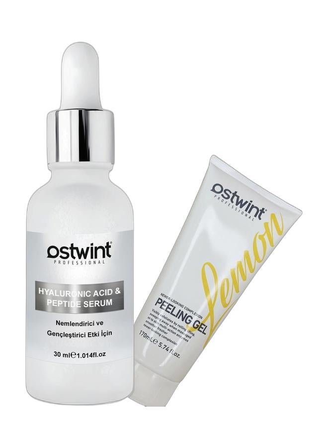 Ostwint Serum and peeling gel offer Hyaluronic Acid Peptide Moisturizing, Plumping, Revitalizing, Anti-Wrinkle Serum 30ml & Lemon Scrub Gel 170ml is suitable for all skin types. It deeply cleanses the skin and pores, removes blackheads, pimples, and blemishes, and removes dark skin tone. It contains herbal extracts that revitalize the skin by cleansing it of dead skin.Bundle - Image 1