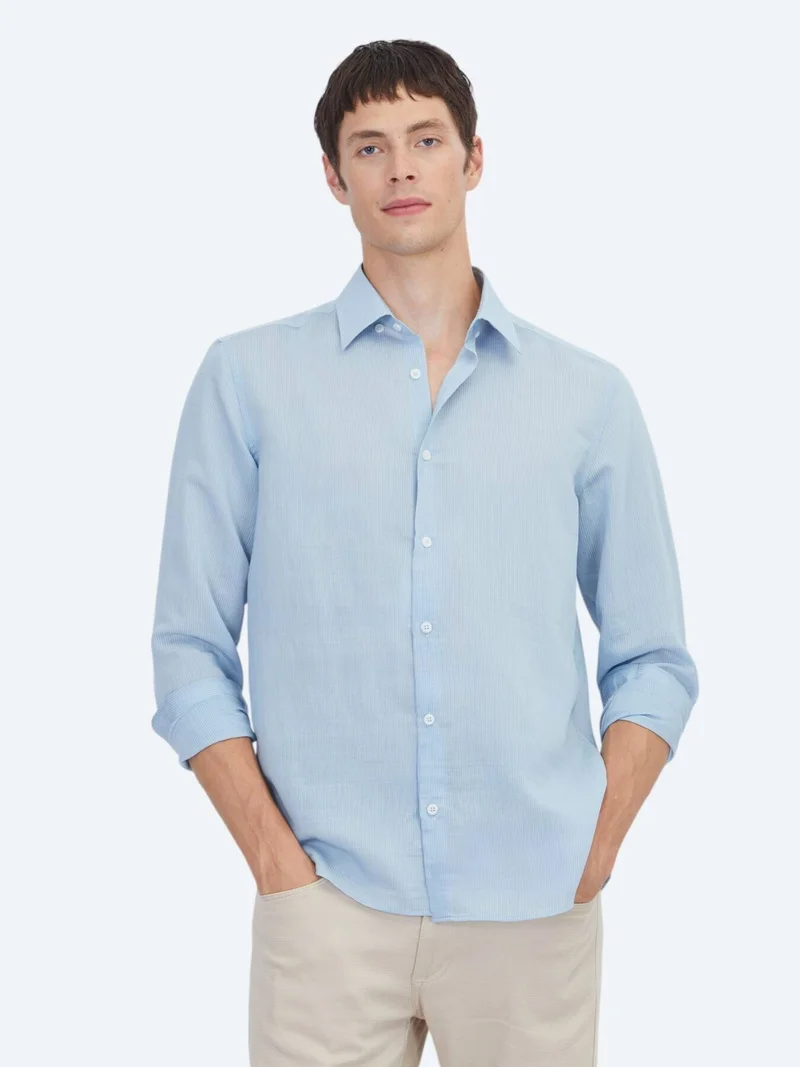 Kip Blue Striped Regular Fit Long Weaving Casual Shirt
