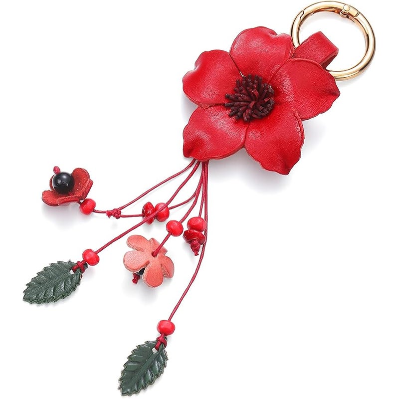 Inbagi Leather Leaf Flower Tassel Keychain Boho Accessories Cute Keychains for Women Wallet Bag Purse Ring Pendant Charms - Image 1