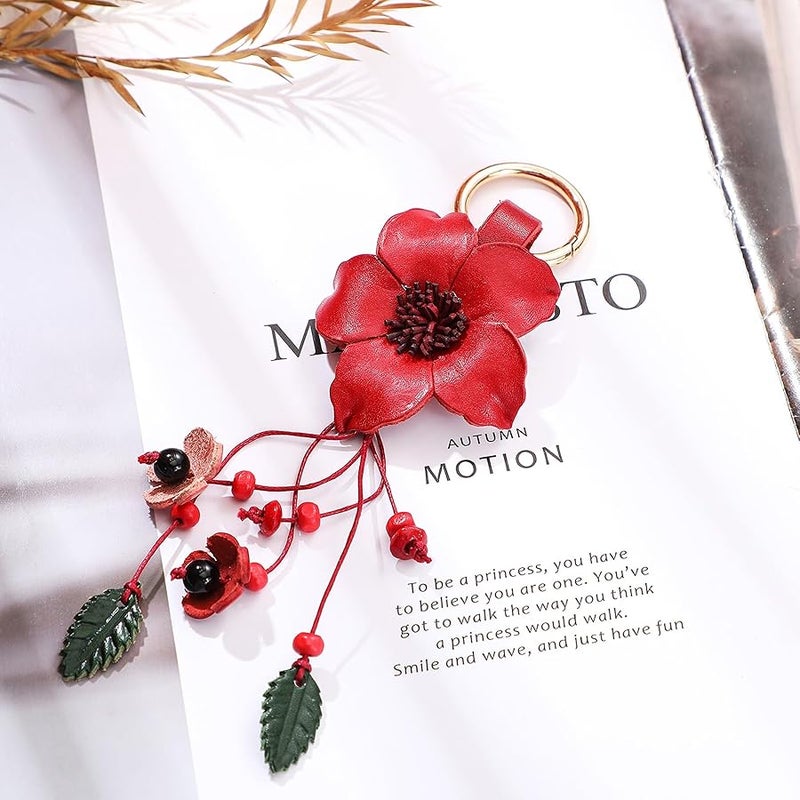 Inbagi Leather Leaf Flower Tassel Keychain Boho Accessories Cute Keychains for Women Wallet Bag Purse Ring Pendant Charms - Image 4