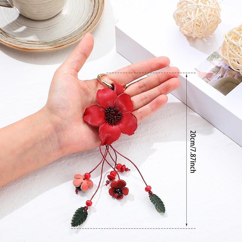 Inbagi Leather Leaf Flower Tassel Keychain Boho Accessories Cute Keychains for Women Wallet Bag Purse Ring Pendant Charms - Image 2