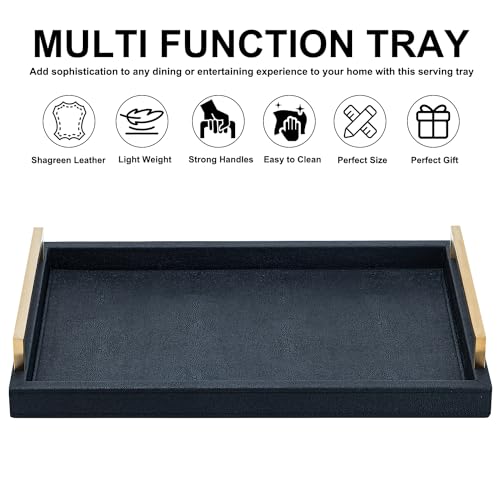 XIGEXIGE Black Faux Leather Serving Tray, 17x12 inches, Brushed Gold Handles, Decorative Tray for Ottoman Coffee Table, Living Room, Kitchen, Bathroom - Image 3