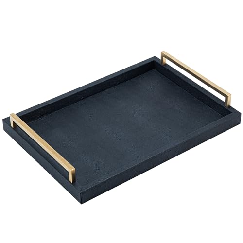 XIGEXIGE Black Faux Leather Serving Tray, 17x12 inches, Brushed Gold Handles, Decorative Tray for Ottoman Coffee Table, Living Room, Kitchen, Bathroom - Image 2