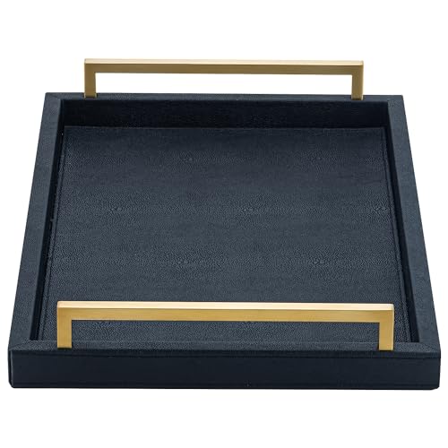 XIGEXIGE Black Faux Leather Serving Tray, 17x12 inches, Brushed Gold Handles, Decorative Tray for Ottoman Coffee Table, Living Room, Kitchen, Bathroom - Image 1