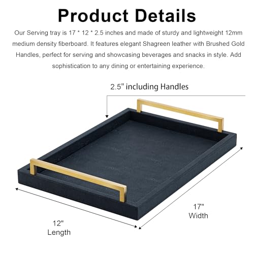 XIGEXIGE Black Faux Leather Serving Tray, 17x12 inches, Brushed Gold Handles, Decorative Tray for Ottoman Coffee Table, Living Room, Kitchen, Bathroom - Image 4