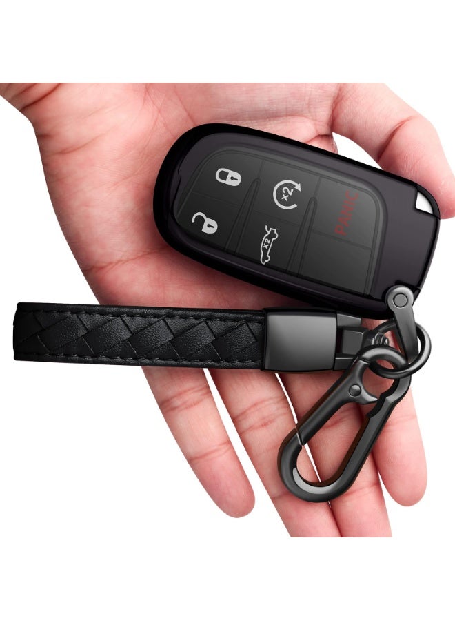NOSKIN Premium TPU Key Fob Cover Compatible with Jeep Compass, Cherokee, Dodge Journey, Chrysler, Fiat, Black Soft Case with Leather Keychain - Image 1