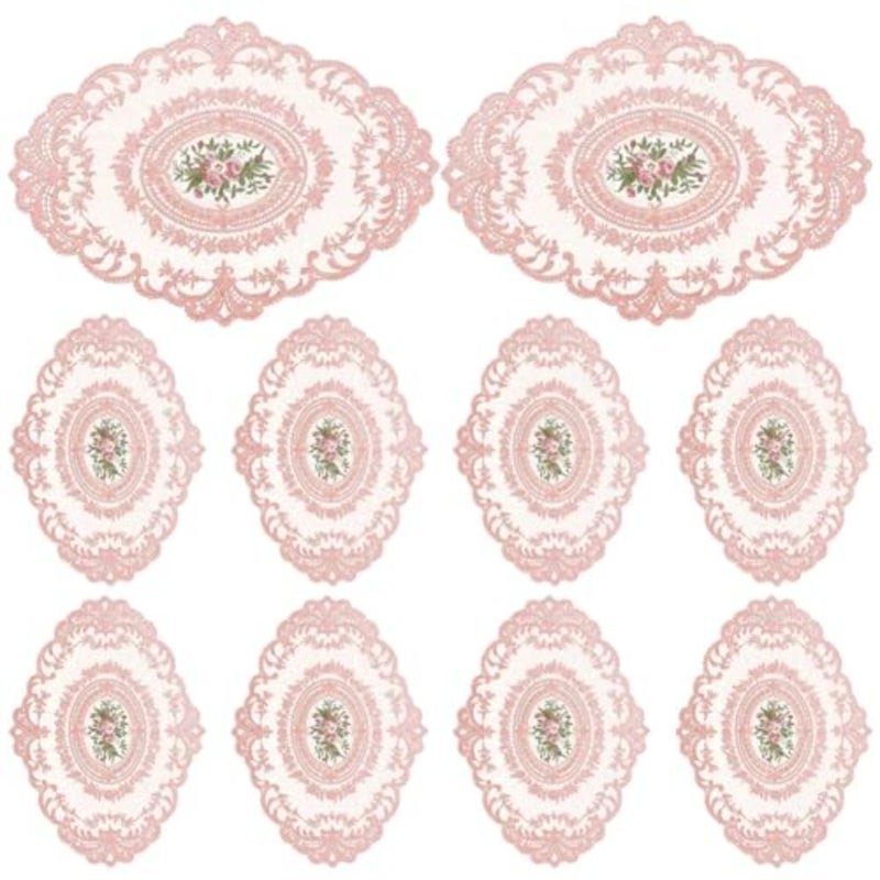 10Pcs Lace Doilies for Table Floral Embroidered Lace Placemats Handmade Crochet Doilies 11'' x 16.5'' Exquisite Retro Victorian Table Mat for Wedding Cup Vase Table Decor Pink - Image 1