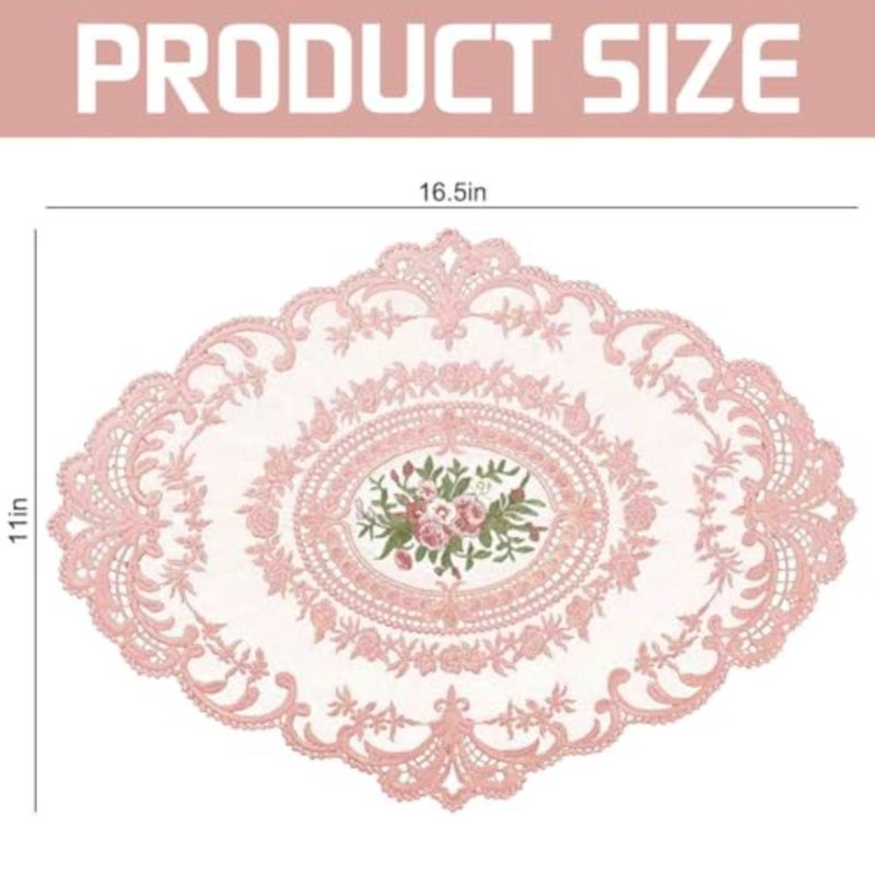 10Pcs Lace Doilies for Table Floral Embroidered Lace Placemats Handmade Crochet Doilies 11'' x 16.5'' Exquisite Retro Victorian Table Mat for Wedding Cup Vase Table Decor Pink - Image 2