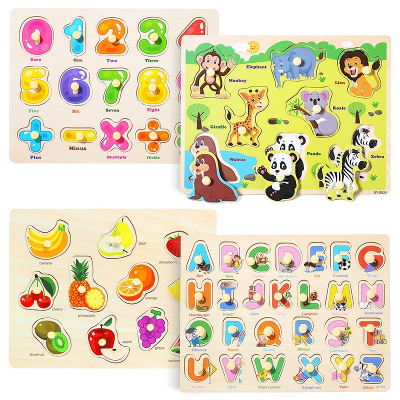 GR GRINNNIE GRINNNIE Wooden Peg Puzzle for Toddlers 3 4 5 Years Old, 4 PCS Montessori Educational Learning Puzzles Set-Numbers, Letters, Animals and Fruits, Great Preschool Gifts for Girls and Boys - Image 1
