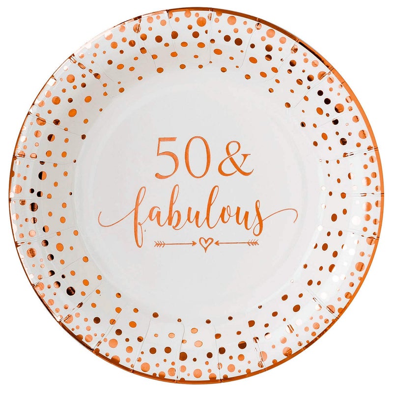 Crisky 50 Fabulous Disposable Plates for Women 50th Birthday Decorations Rose Gold Dessert Buffet Cake Lunch Dinner Disposable Plates 50th Birthday Party Table Supples 50 Count 9 inches