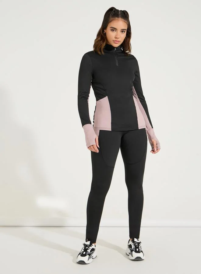 Styli Active Color Block Half Zip Thumbhole Top and Legging Set
