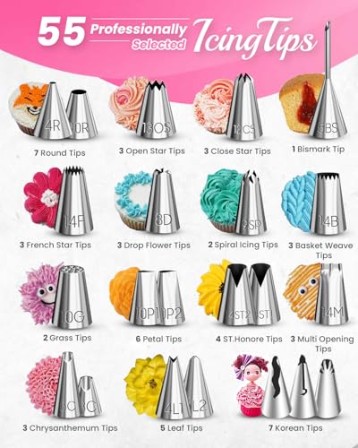 RFAQK 200PCs Cake Decorating Kit with Cake Turntable & Leveler, Baking Supplies Gift Includes 110+1 Piping Bags,55 Icing Tips,2 Frosting Spatulas, Adjustable Scraper, Video Tutorial, Booklet & more - Image 3