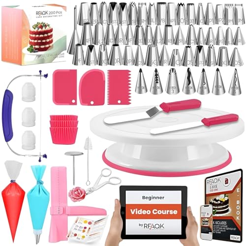 RFAQK 200PCs Cake Decorating Kit with Cake Turntable & Leveler, Baking Supplies Gift Includes 110+1 Piping Bags,55 Icing Tips,2 Frosting Spatulas, Adjustable Scraper, Video Tutorial, Booklet & more - Image 1