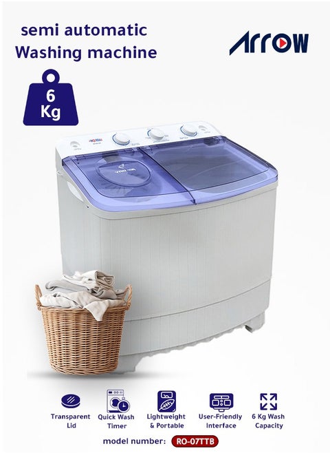 6 KG Twin Tub Washing Machine, Semi-Automatic Streamlined Design, Lightweight Frame for Easy Installation, Durable White Color | Model Name: RO-07TTB