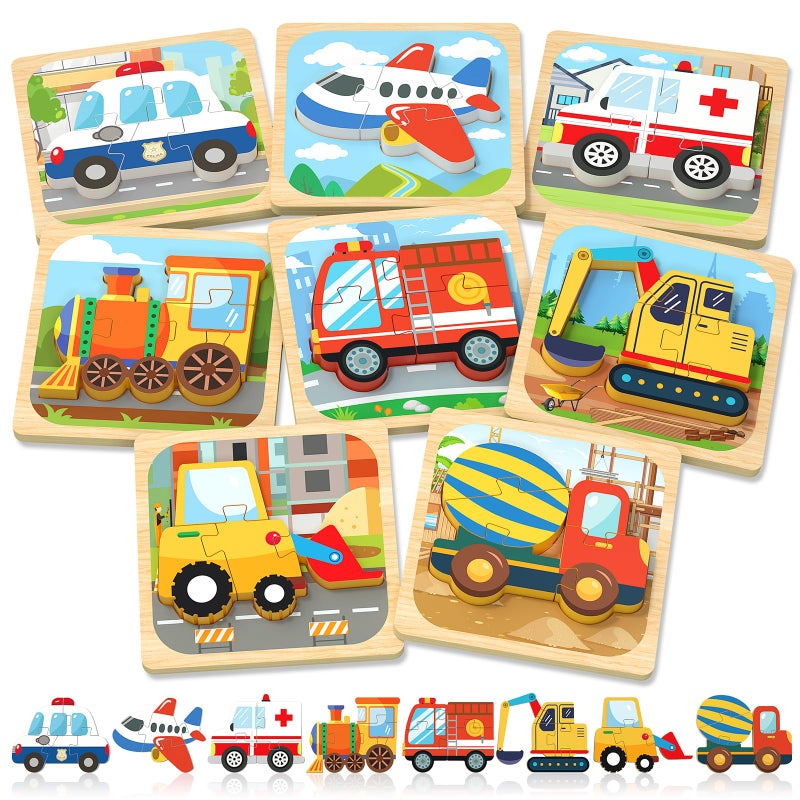 Benresive Wooden Toddler Puzzles, Montessori Toys for 1 2 3 Year Old Boys, Toys for 1 2 3 Year Old Boy Birthday Gifts, 8 Pack Vehicle Toddler Toys, Learning Educational Toys - Image 1