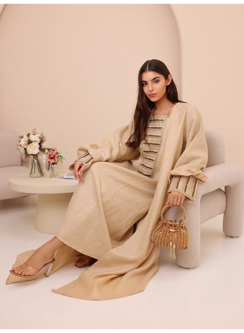 اكسا طقم قطعتين فاخر بتفاصيل خطوط لامعة  بيج - Image 2