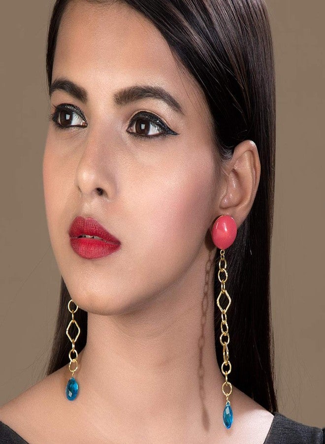 Voylla RAVISHING GOLDEN DANGLER EARRINGS WITH BLUE STONE - Image 3