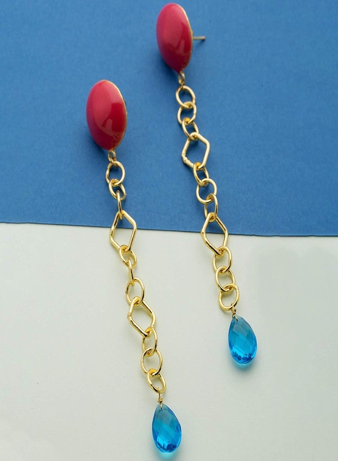 Voylla RAVISHING GOLDEN DANGLER EARRINGS WITH BLUE STONE - Image 4
