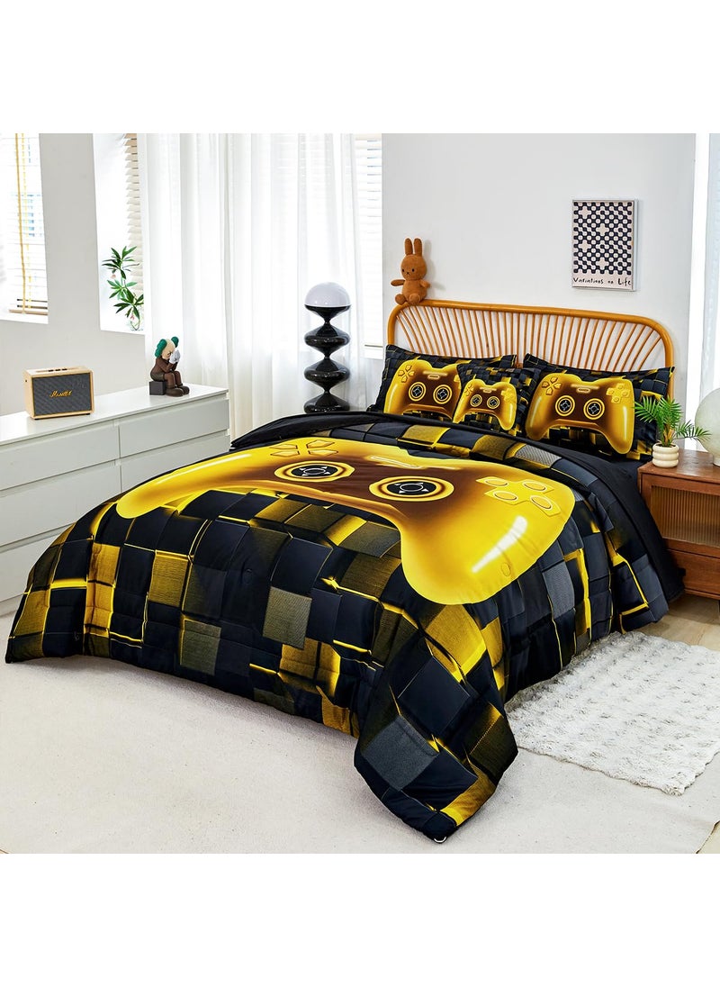 PERFEMET PERFEMET 6 Pcs Twin Bed in A Bag for Boys Girls Black Gold Video Game Comforter Set with Sheets Soft Cozy 3D Gamepad Gaming Bedding Set for All Seasons(Gold  Twin)  - Image 2