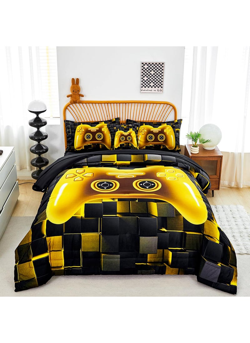 PERFEMET PERFEMET 6 Pcs Twin Bed in A Bag for Boys Girls Black Gold Video Game Comforter Set with Sheets Soft Cozy 3D Gamepad Gaming Bedding Set for All Seasons(Gold  Twin)  - Image 1