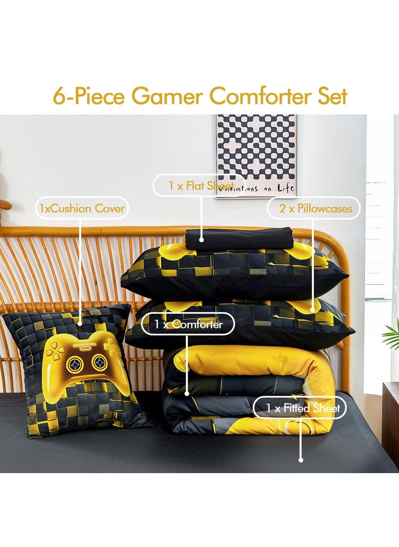 PERFEMET PERFEMET 6 Pcs Twin Bed in A Bag for Boys Girls Black Gold Video Game Comforter Set with Sheets Soft Cozy 3D Gamepad Gaming Bedding Set for All Seasons(Gold  Twin)  - Image 3