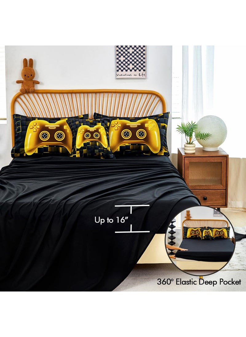 PERFEMET PERFEMET 6 Pcs Twin Bed in A Bag for Boys Girls Black Gold Video Game Comforter Set with Sheets Soft Cozy 3D Gamepad Gaming Bedding Set for All Seasons(Gold  Twin)  - Image 5