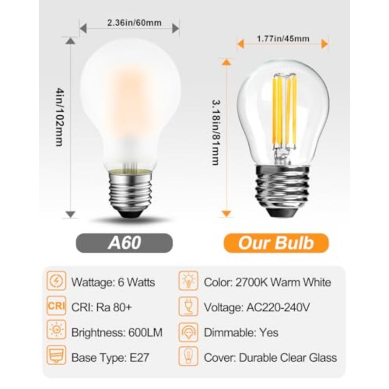 Dimmable LED Bulbs 6W 60W Equivalent AC220-240V Soft Warm White 2700K G45 Golf Ball Bulbs, E27 Edison Screw Base LED Filament Bulb for Ceiling Fan, Pendant Light, 10 Pack - Image 4