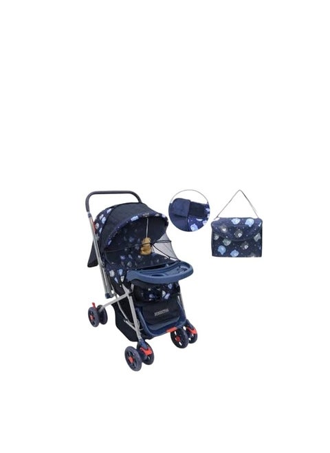 A stroller with a mother's bag, a basket to store the child's essentials, and an anti-learning wheel