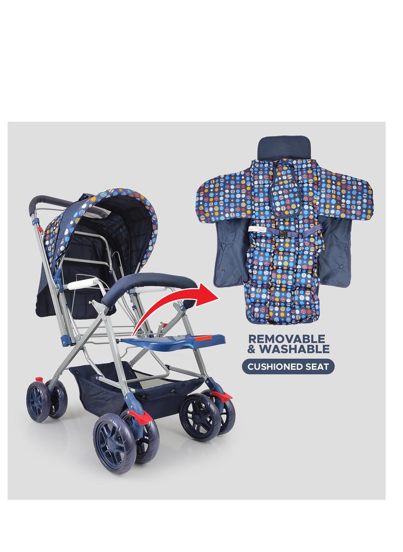 A stroller with a mother's bag, a basket to store the child's essentials, and an anti-learning wheel