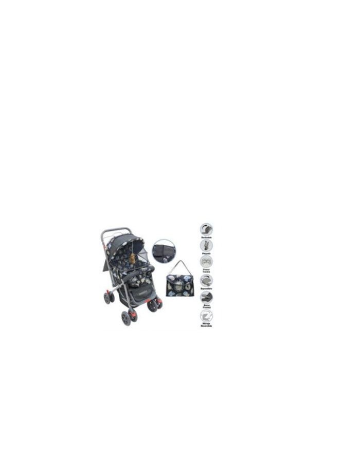 A stroller with a mother's bag, a basket to store the child's essentials, and an anti-learning wheel